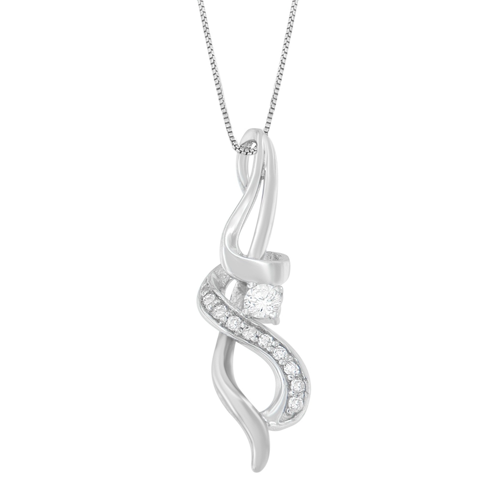 Espira 10K White Gold 1/5 cttw Round Cut Diamond Swirl Pendant Necklace (J-K,